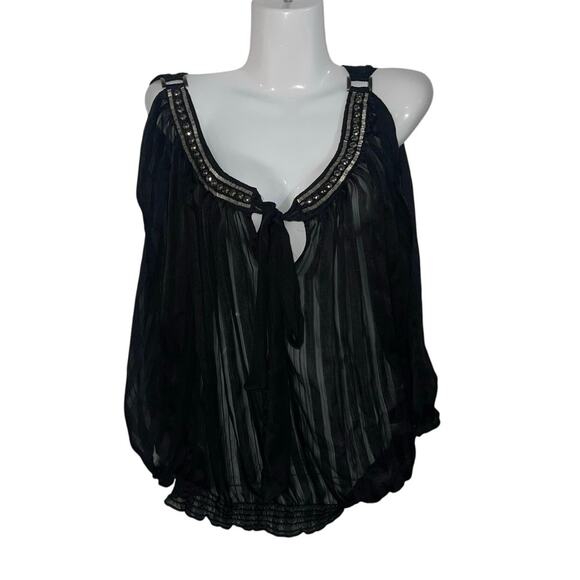 Cache Vintage sheer blouse 3/4 sleeves elastic cuff 90s tie studded neckline Y2K - Picture 3 of 5